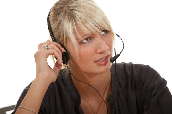 Jeune Femme Avec Casque Téléphone — Photo