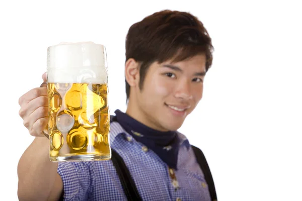 Mladý Muž Pivem Izolovaným Bílém — Stock fotografie