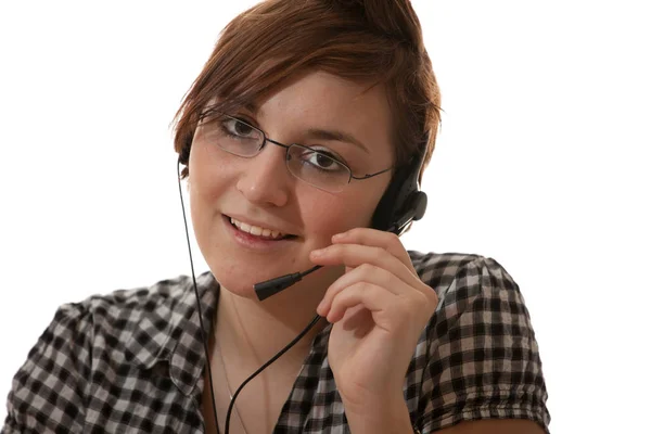 Ung Kvinna Med Headset Och Telefon — Stockfoto