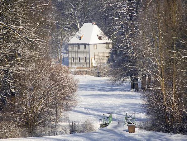 Winter Landscape Snow Covered Trees House — Stock Photo, Image