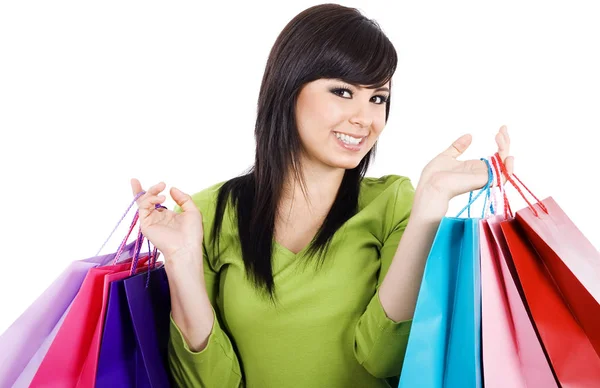 Mujer Joven Feliz Con Bolsas Compras —  Fotos de Stock