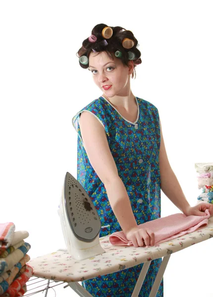 Hauswoman Ironing While Doing Buanderie — Photo