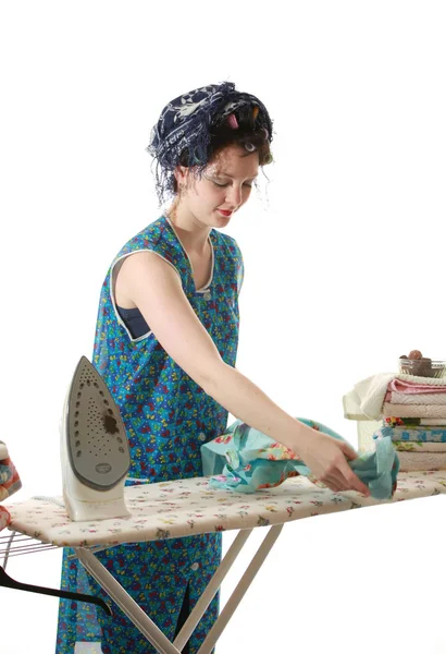 Young Woman Ironing Clothes Laundry — Stock Photo, Image