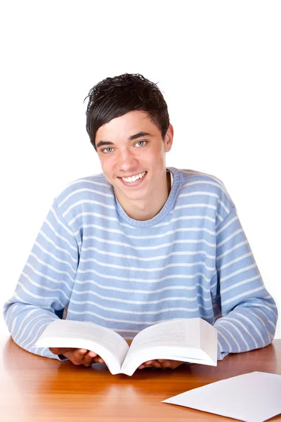 Jovem Estudante Feliz Senta Mesa Aprende Com Livro — Fotografia de Stock