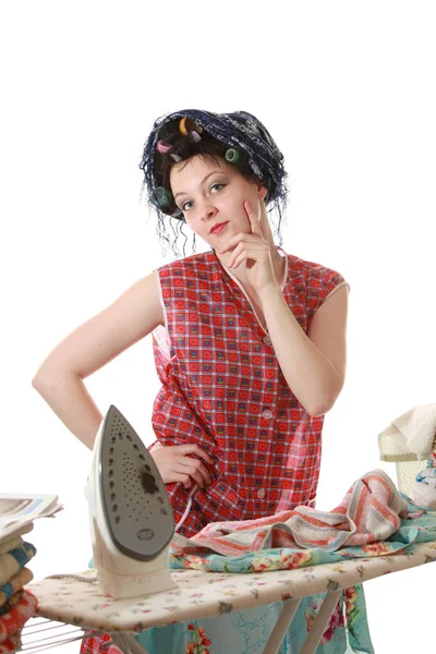 Mujer Planchando Ropa Sobre Fondo Blanco — Foto de Stock