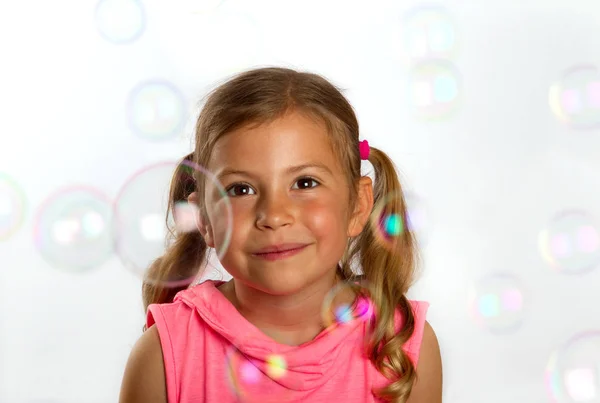 Girl Looking Bubbles — Stock Photo, Image