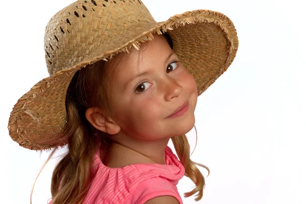 Menina Usando Chapéu Palha Sorrindo — Fotografia de Stock