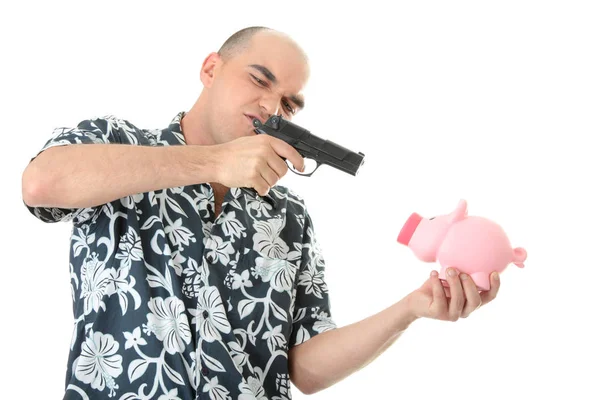 Man Gun Pointing Piggy Bank — Stock Photo, Image