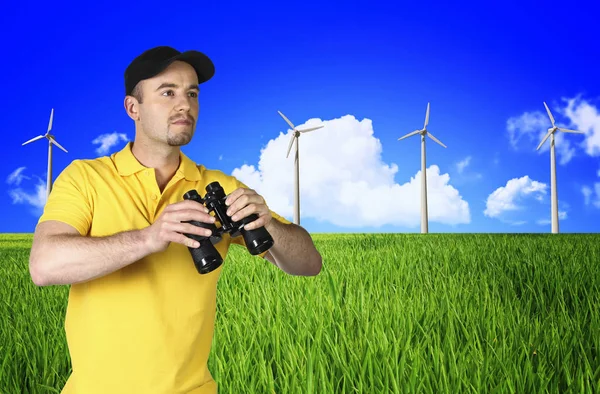 Man Wind Turbine Landscape — Stock Photo, Image