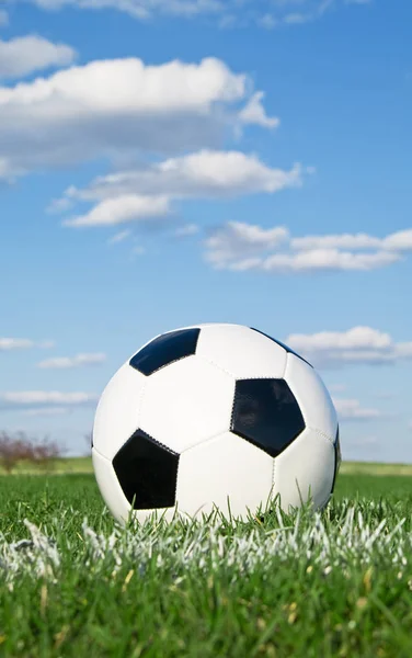 Voetbal Het Gras Tegen Blauwe Lucht — Stockfoto