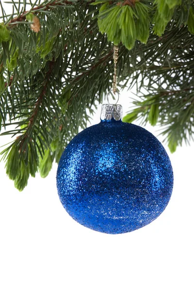 Boule Noël Bleue Avec Branche Sapin — Photo