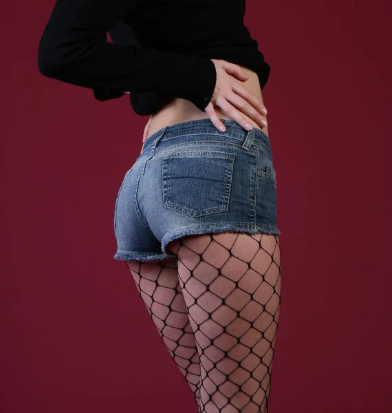 Žena Horkými Kalhotami Síťované Punčochy — Stock fotografie