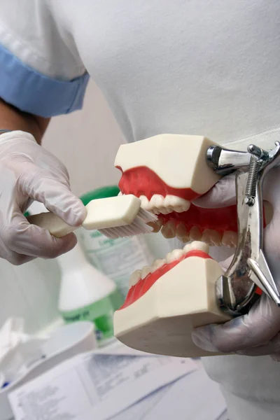 Mano Del Dentista Con Florecimiento Dental Clínica — Foto de Stock