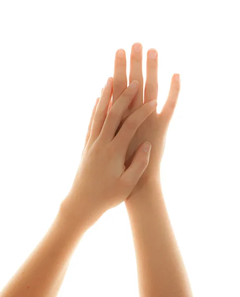 Weibliche Hand Mit Roter Maniküre Auf Weißem Hintergrund — Stockfoto