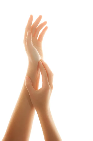Mãos Femininas Isoladas Fundo Branco — Fotografia de Stock