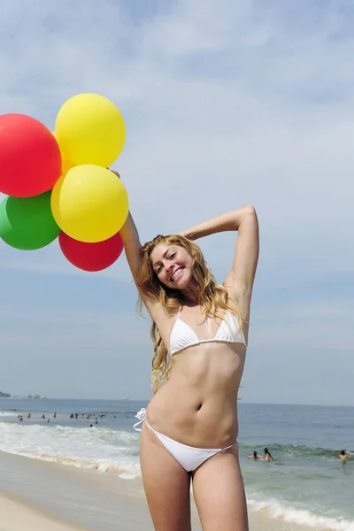 Woman Balloons Beach Stock Photo