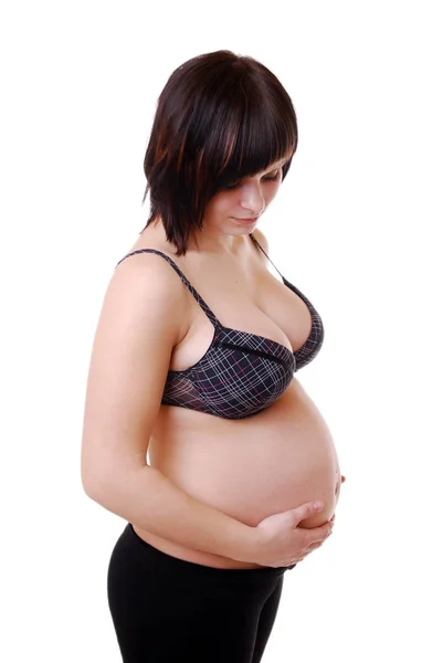 Mulher Grávida Segurando Sua Barriga Isolada Fundo Branco — Fotografia de Stock