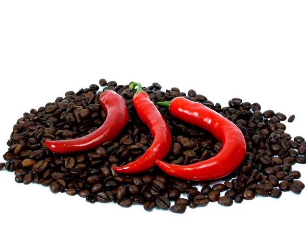 Grãos Café Pimentas Vermelhas — Fotografia de Stock