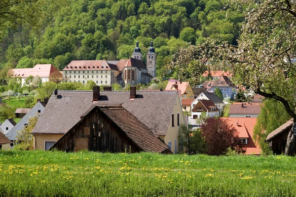 Landsbygdslandskap Med Hus Och Grönt Fält — Stockfoto