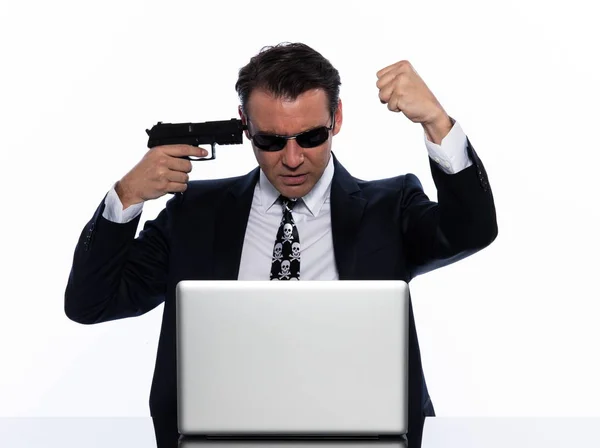 Jovem Empresário Terno Com Arma Isolada Branco — Fotografia de Stock
