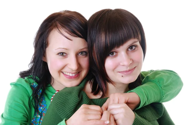 Deux Belles Filles Robe Verte Isolées Sur Blanc — Photo