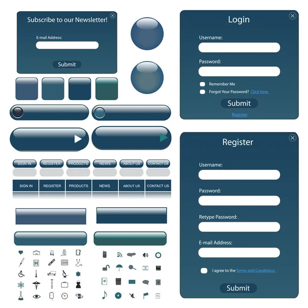 Web Template Forms Bars Buttons Many Icons — Stock Photo, Image