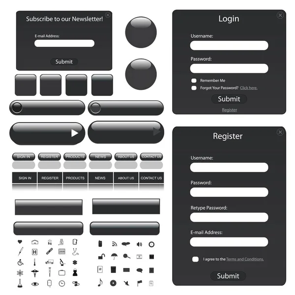 Web Vorlage Mit Formularen Balken Buttons Und Vielen Symbolen — Stockfoto