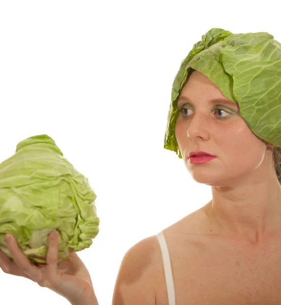 Young Woman Green Cabbage — Stock Photo, Image