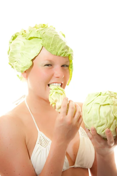 Jonge Vrouw Met Een Groene Kool — Stockfoto