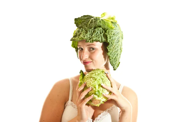 Young Woman Green Cabbage — Stock Photo, Image