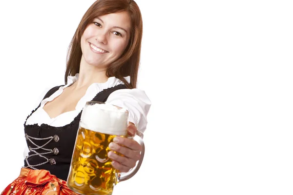 Bavarian Vrouw Met Oktoberfest Bier Maatregel — Stockfoto
