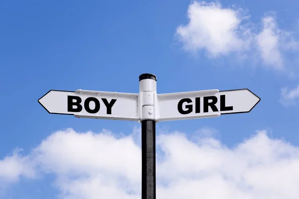 Semnal Alb Negru Boy Girl Săgețile Direcționale Împotriva Unui Cer — Fotografie, imagine de stoc