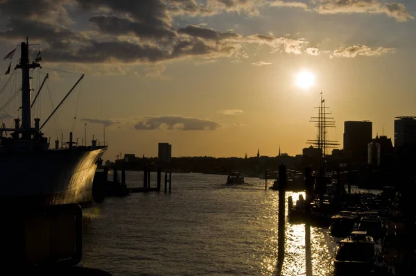 Une Partie Port Hambourg Coucher Soleil — Photo