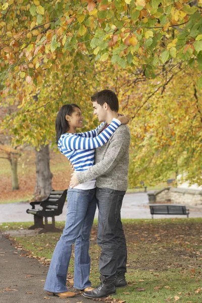 Casal Jovem Romântico Parque Outono — Fotografia de Stock