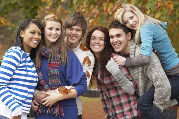 Grupo Seis Amigos Adolescentes Divirtiéndose Parque Otoño Imagen De Stock