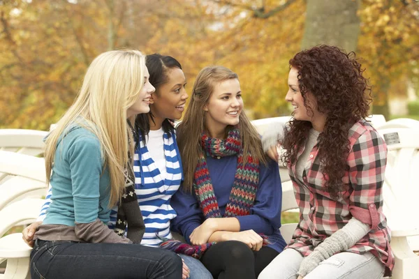 Skupina Čtyř Dospívajících Dívek Sezení Žvanování Lavici Podzimní Parku — Stock fotografie