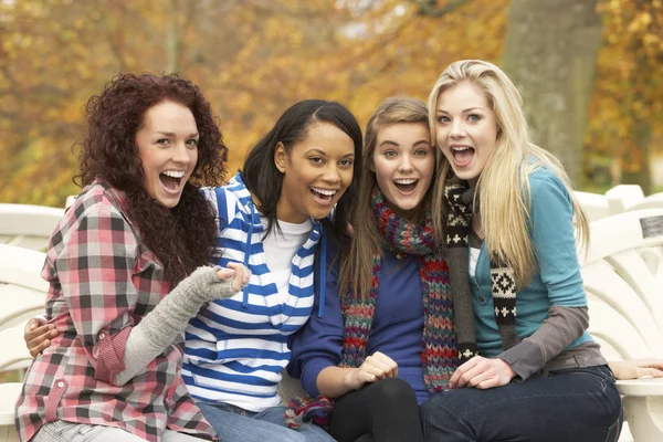组的四名少女坐在秋天的公园长椅 — 图库照片