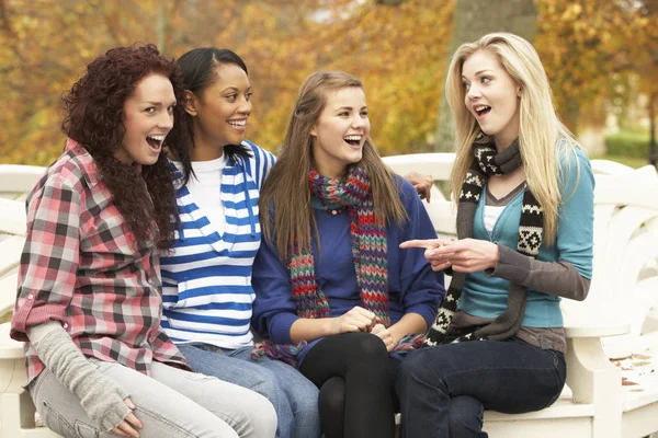 Gruppe Von Vier Teenager Mädchen Sitzt Auf Bank Herbstpark — Stockfoto