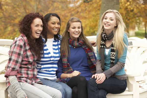 Grupo Cuatro Chicas Adolescentes Sentadas Banco Autumn Park —  Fotos de Stock