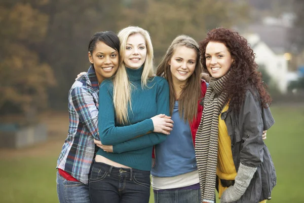 Ομάδα Των Τεσσάρων Έφηβων Κοριτσιών Στο Τοπίο Του Φθινοπώρου — Φωτογραφία Αρχείου