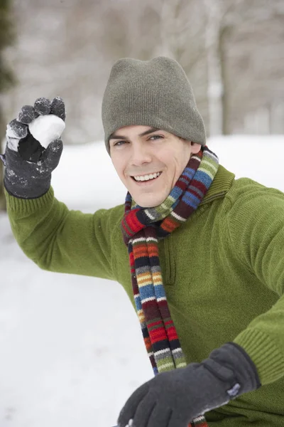 Young Man Throw Snowball — Stock Photo, Image