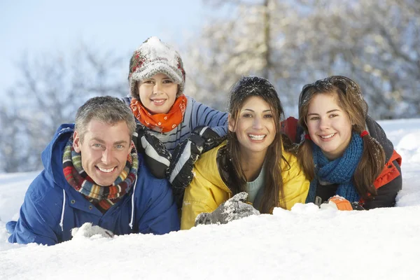 Unga Familjen Roligt Snöiga Landskap — Stockfoto