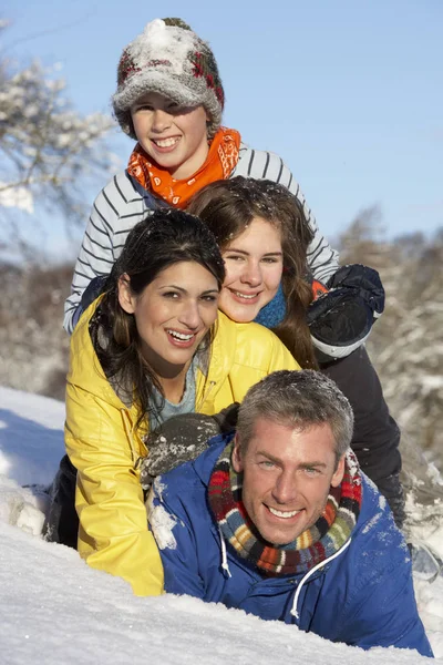 Unga Familjen Roligt Snöiga Landskap — Stockfoto