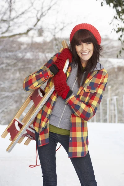 Wanita Memegang Sledge Snowy Landscape — Stok Foto