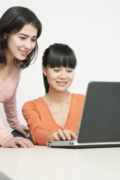 Jovens Empresárias Atraentes Sorriem Olham Para Informações Laptop Tiro Vertical — Fotografia de Stock