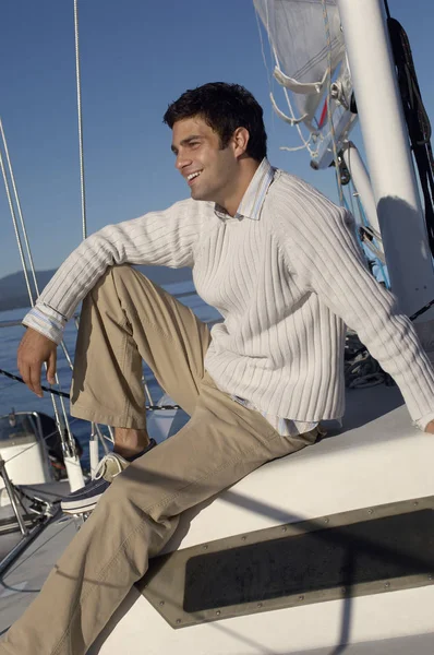 Man Sitting Sailboat Deck — Stock Photo, Image