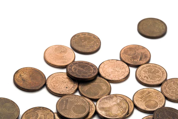 Gebrauchte Und Schmutzige Eurocent Münzen Isoliert Auf Weiß — Stockfoto