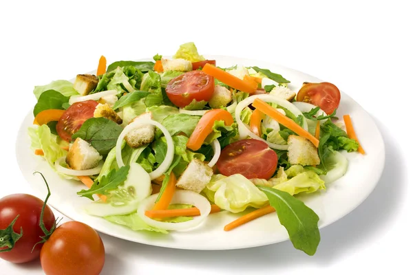 健康新鲜的菜园沙拉放在盘子里 用白色隔开 西红柿在前景广阔 — 图库照片