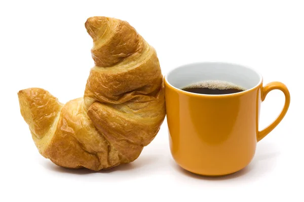 Coffee Orange Mug Croissant Isolated White — Stock Photo, Image