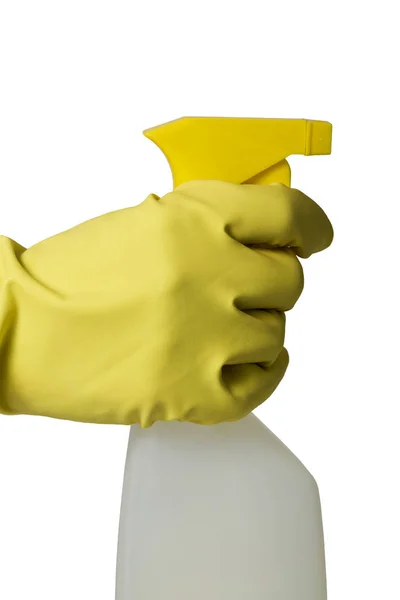 Hand Gele Rubberen Handschoen Met Spuitfles Geïsoleerd Wit — Stockfoto